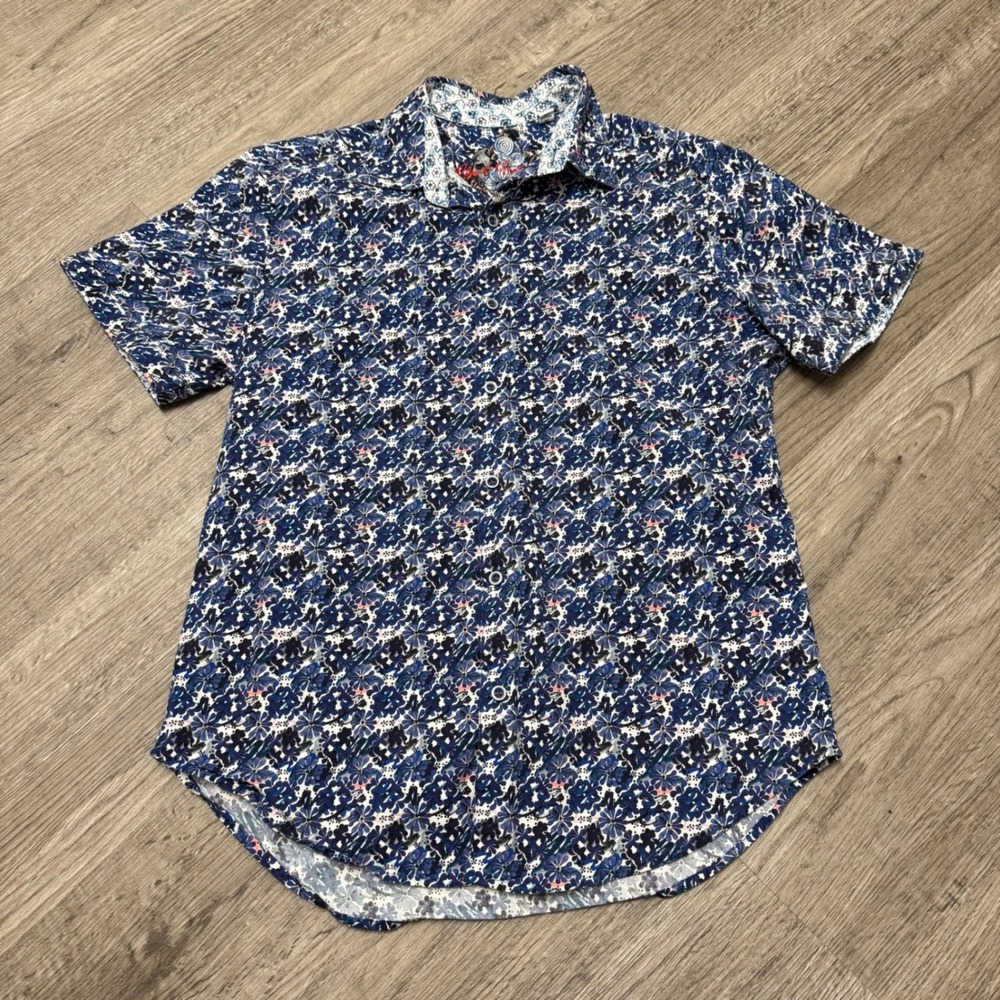 Robert Graham Mens Blue Floral Short Sleeve Button Down Shirt Classic Fit Size M - Picture 2 of 8
